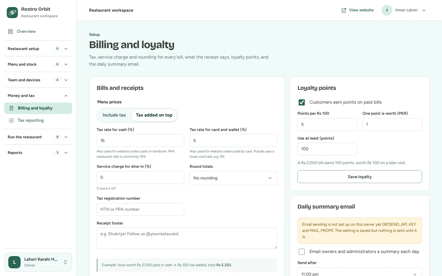 Billing and loyalty settings: tax rates, loyalty points per Rs 100 and what a point is worth